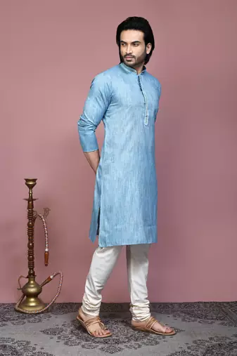 Sky blue plain cotton silk kurta pajama