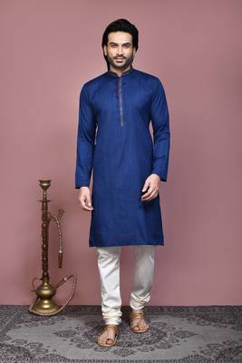 Blue plain cotton silk kurta pajama 1