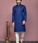 Blue plain cotton silk kurta pajama