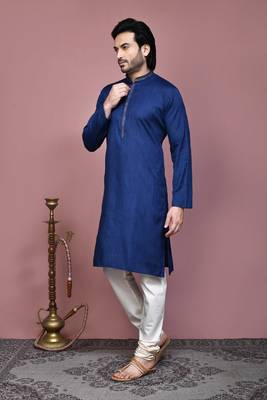 Blue plain cotton silk kurta pajama 2