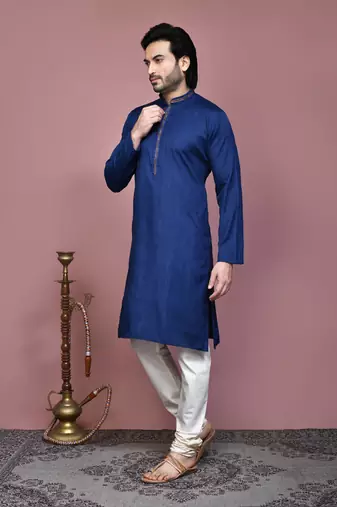 Blue plain cotton silk kurta pajama