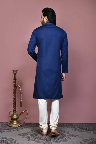 Blue plain cotton silk kurta pajama