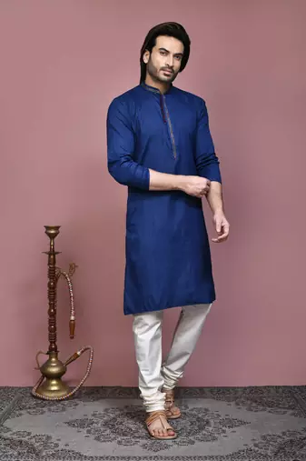 Blue plain cotton silk kurta pajama