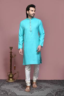 Green embroidered cotton kurta pajama 1