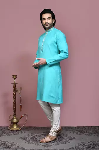 Green embroidered cotton kurta pajama