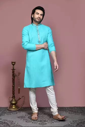Green embroidered cotton kurta pajama
