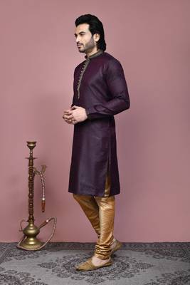 Wine woven cotton silk kurta pajama 2