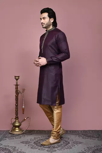 Wine woven cotton silk kurta pajama