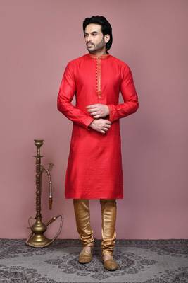 Red woven cotton silk kurta pajama 1