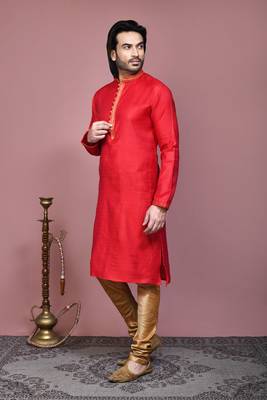 Red woven cotton silk kurta pajama 2