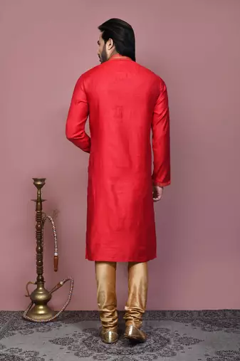 Red woven cotton silk kurta pajama