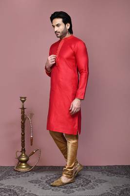 Red woven cotton silk kurta pajama 2