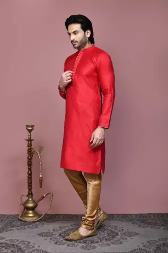 Red woven cotton silk kurta pajama
