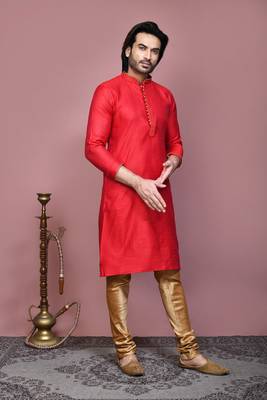 Red woven cotton silk kurta pajama 4
