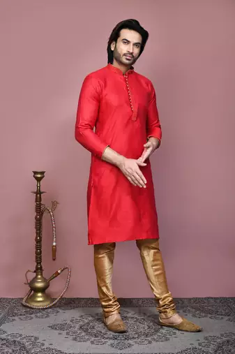 Red woven cotton silk kurta pajama