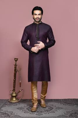 Wine woven cotton silk kurta pajama 1
