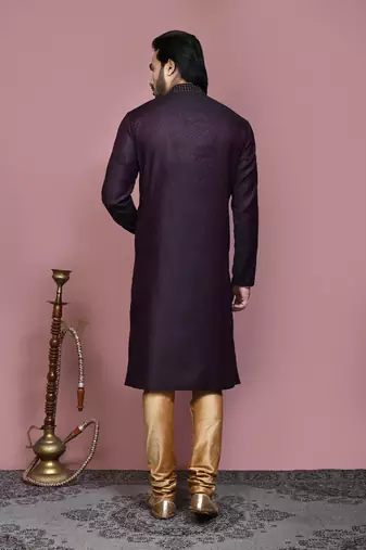 Wine woven cotton silk kurta pajama