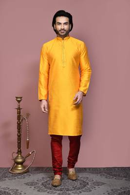 Yellow woven art silk kurta pajama 1