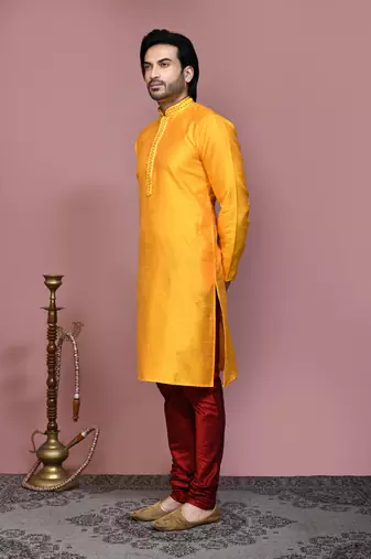 Yellow woven art silk kurta pajama