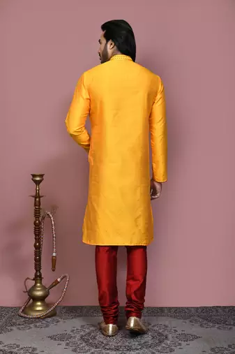 Yellow woven art silk kurta pajama
