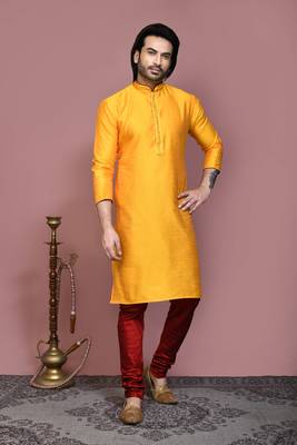 Yellow woven art silk kurta pajama 4