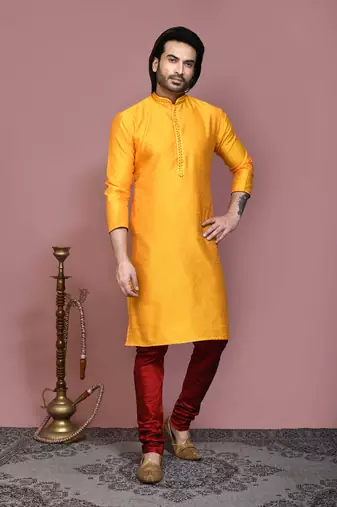Yellow woven art silk kurta pajama