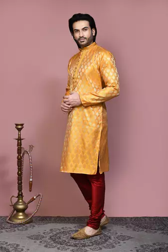 Yellow woven art silk kurta pajama