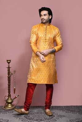 Yellow woven art silk kurta pajama 4