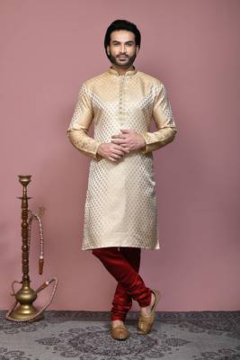 Gold woven art silk kurta pajama 1
