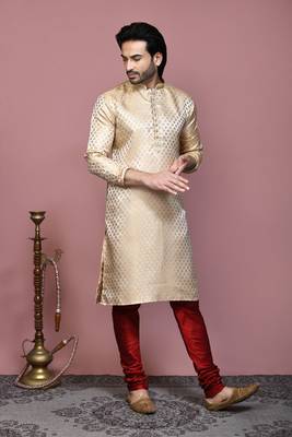 Gold woven art silk kurta pajama 4