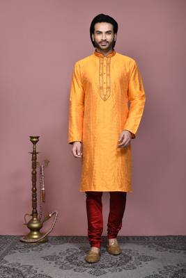 Orange woven art silk kurta pajama 1