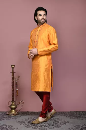 Orange woven art silk kurta pajama