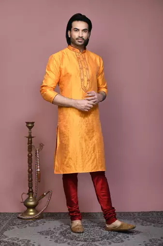 Orange woven art silk kurta pajama