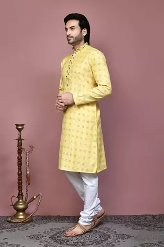 Yellow printed cotton kurta pajama