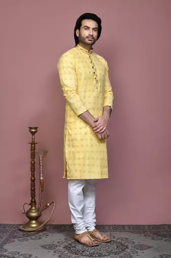 Yellow printed cotton kurta pajama