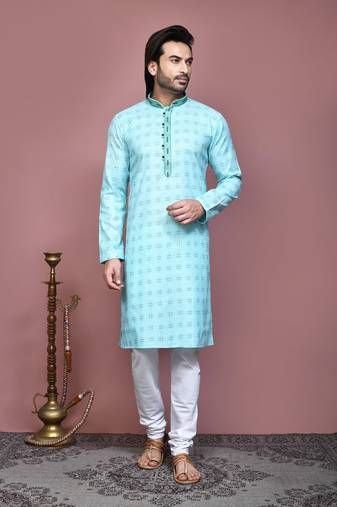 Sky blue printed cotton kurta pajama
