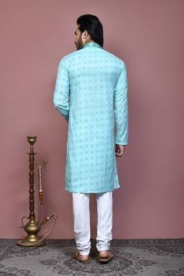 Sky blue printed cotton kurta pajama 3