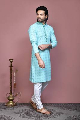 Sky blue printed cotton kurta pajama 4