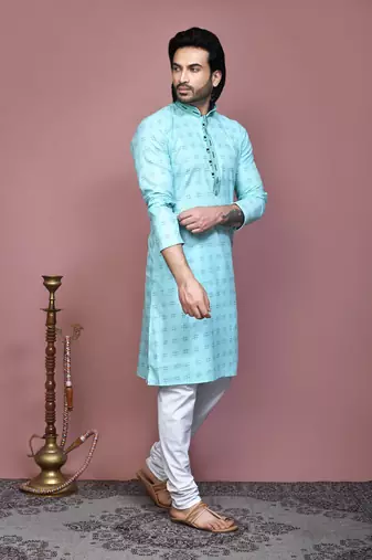 Sky blue printed cotton kurta pajama