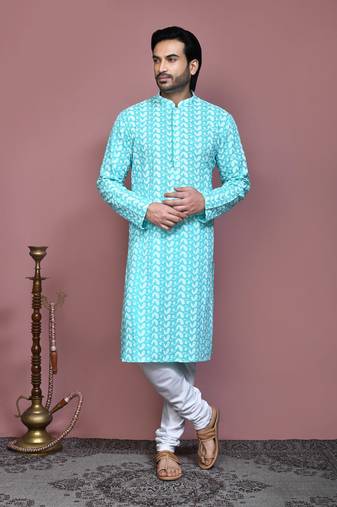 Green embroidered cotton kurta pajama