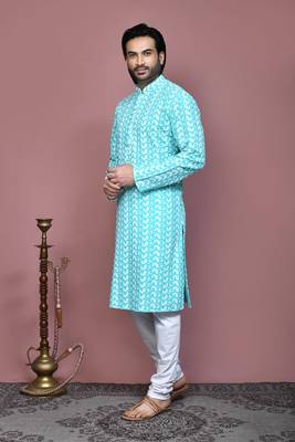 Green embroidered cotton kurta pajama 2