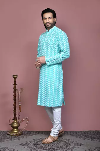 Green embroidered cotton kurta pajama