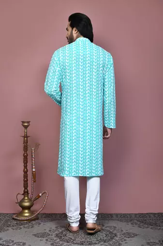 Green embroidered cotton kurta pajama