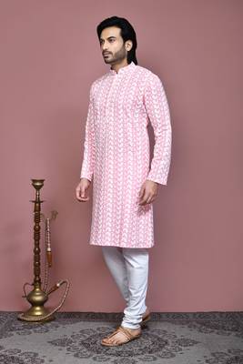 Pink embroidered cotton kurta pajama 2