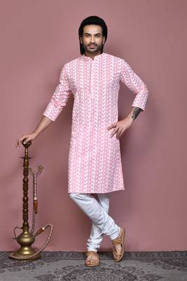 Pink embroidered cotton kurta pajama 4