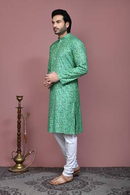 Green printed cotton kurta pajama 2