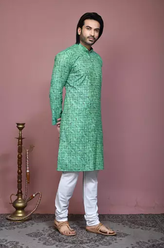 Green printed cotton kurta pajama