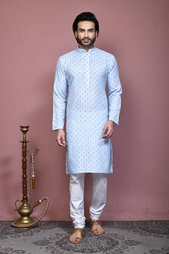 Sky blue printed cotton kurta pajama