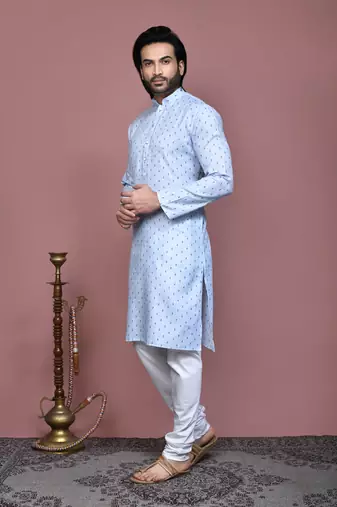 Sky blue printed cotton kurta pajama