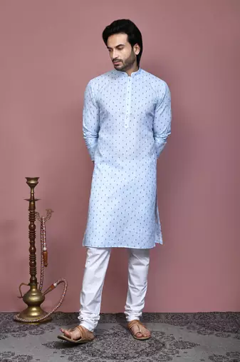 Sky blue printed cotton kurta pajama